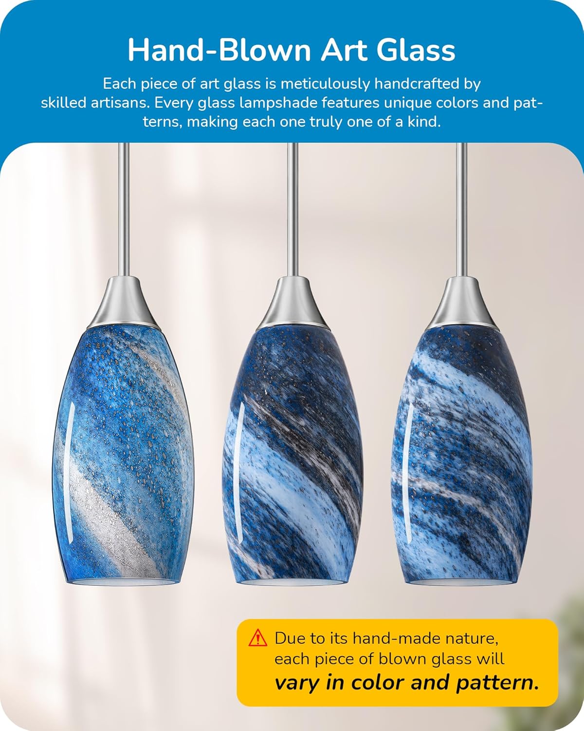 EDISHINE Handblown Art Glass Pendant Light with Adjustable Brushed Nickel Rods - HHPL08C