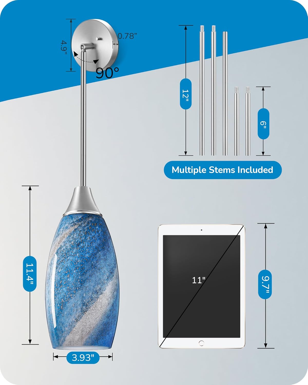 EDISHINE Handblown Art Glass Pendant Light with Adjustable Brushed Nickel Rods - HHPL08C