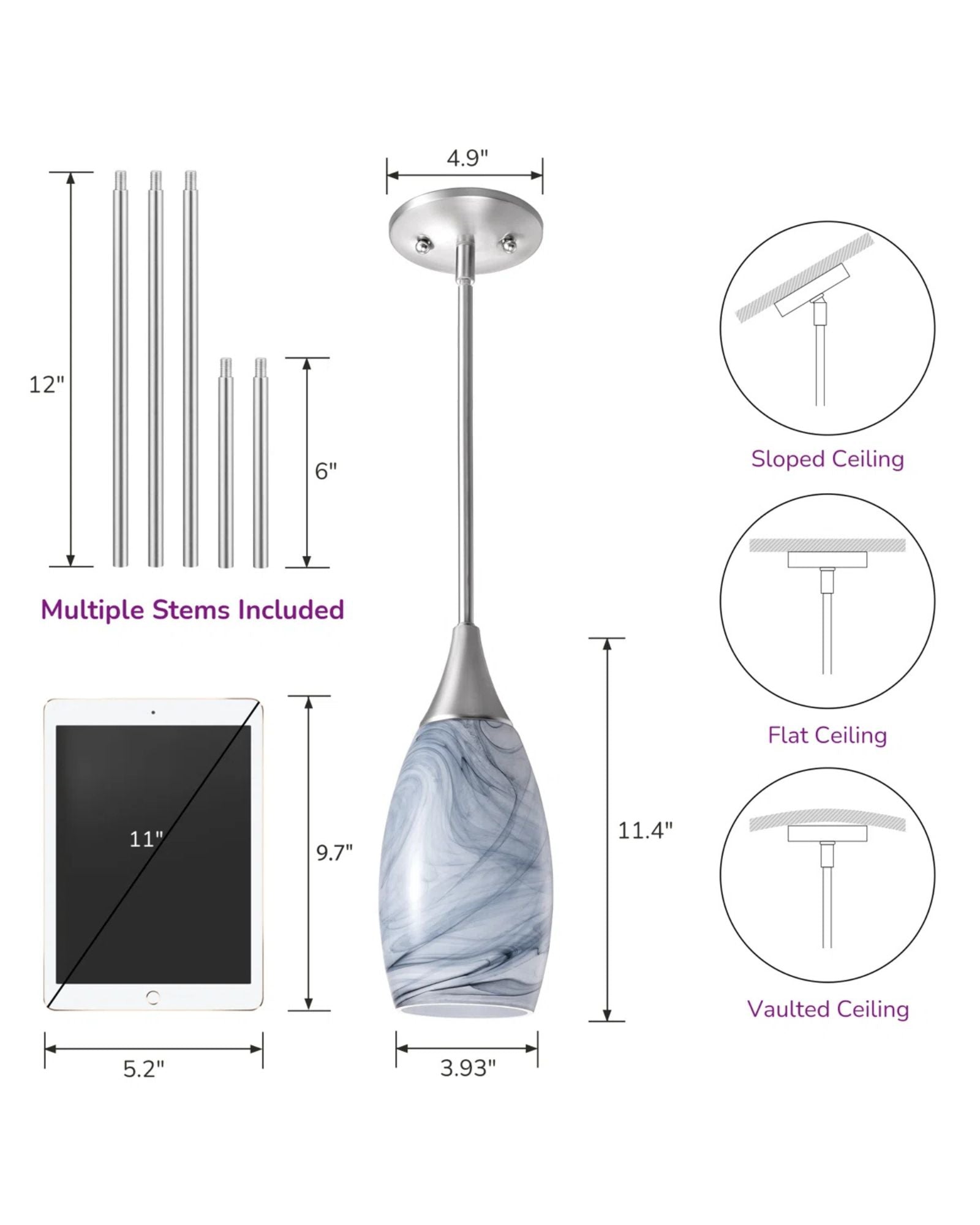 EDISHINE Handblown Art Glass Pendant Light with Adjustable Brushed Nickel Rods - HHPL08F