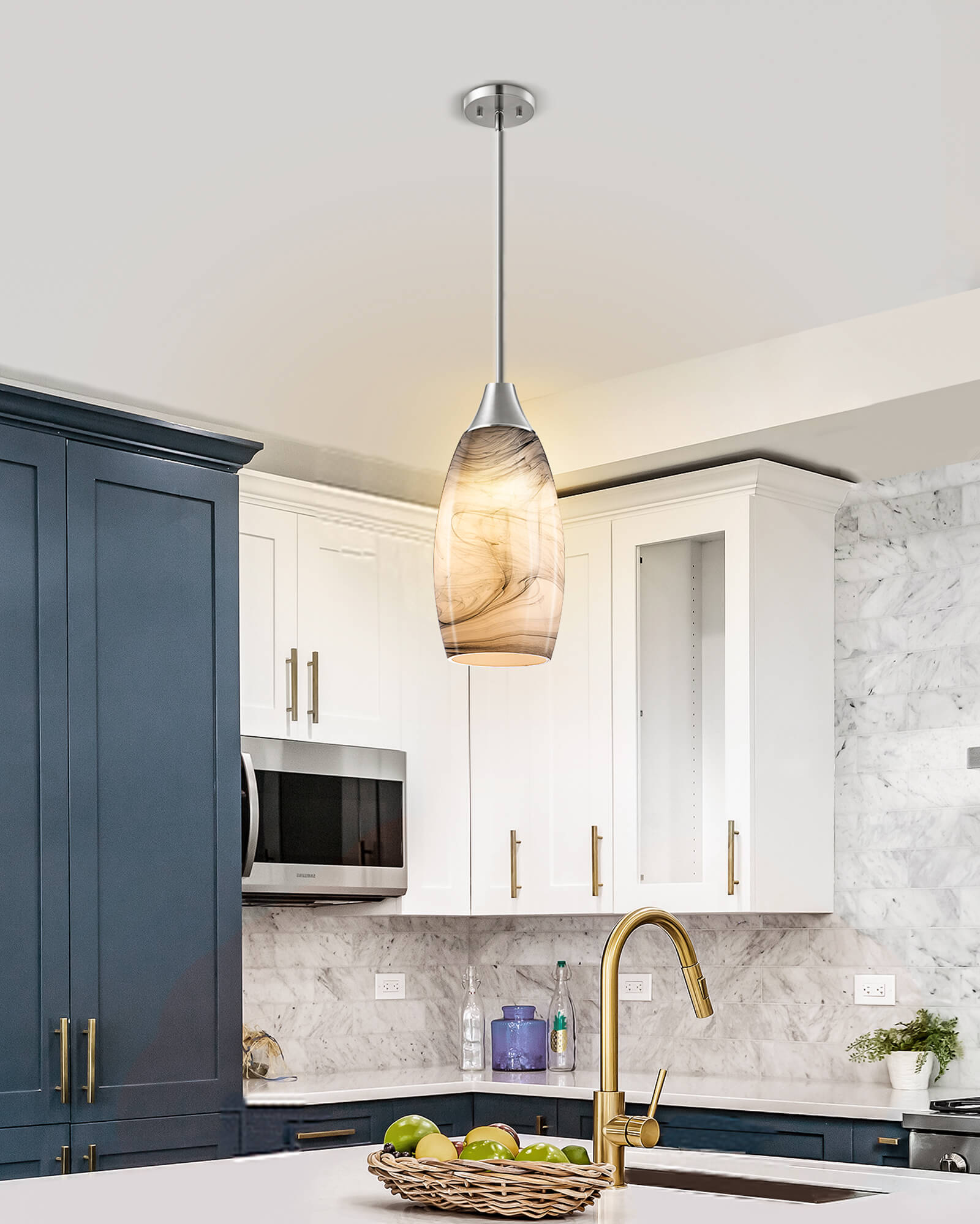 EDISHINE Handblown Art Glass Pendant Light with Adjustable Brushed Nickel Rods - HHPL08F