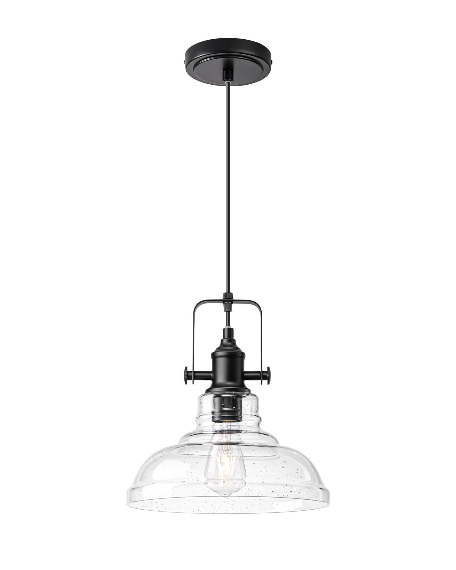 EDISHINE Farmhouse Pendant Lights Kitchen Island, Clear Seeded Glass Shade Hanging Light, Industrial Black Matte Finish, Modern Pendant Light Fixtures with Open Shade, E26 Base, Over Island Bar - HHPL21C