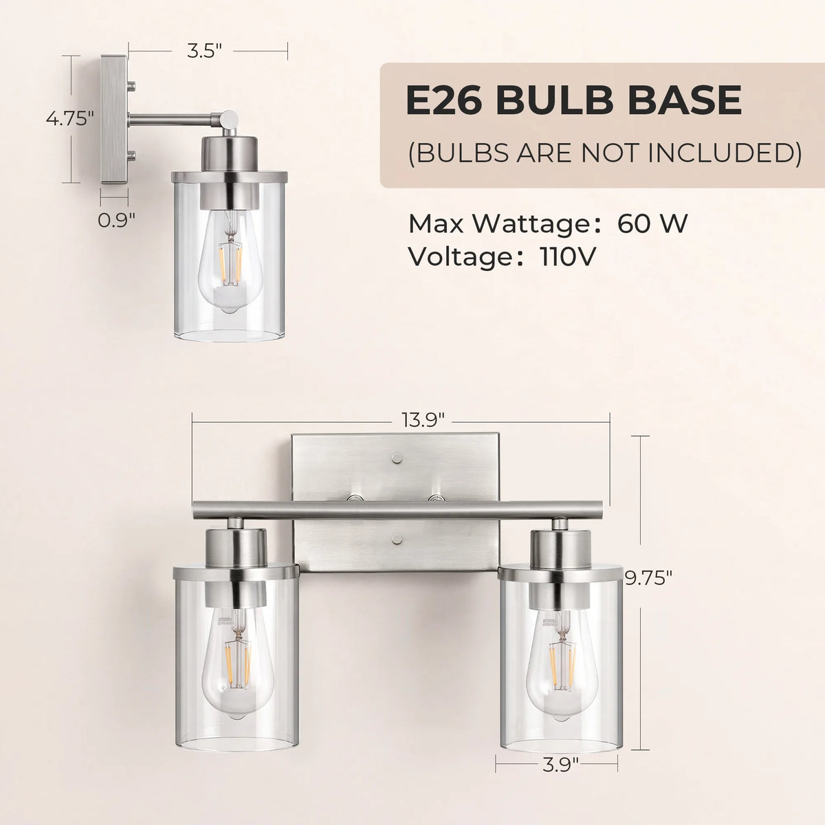 Modern 2-Light Black Bathroom Vanity Lights over Mirror for Bathroom, Vanity Table, E26 Bulb Base