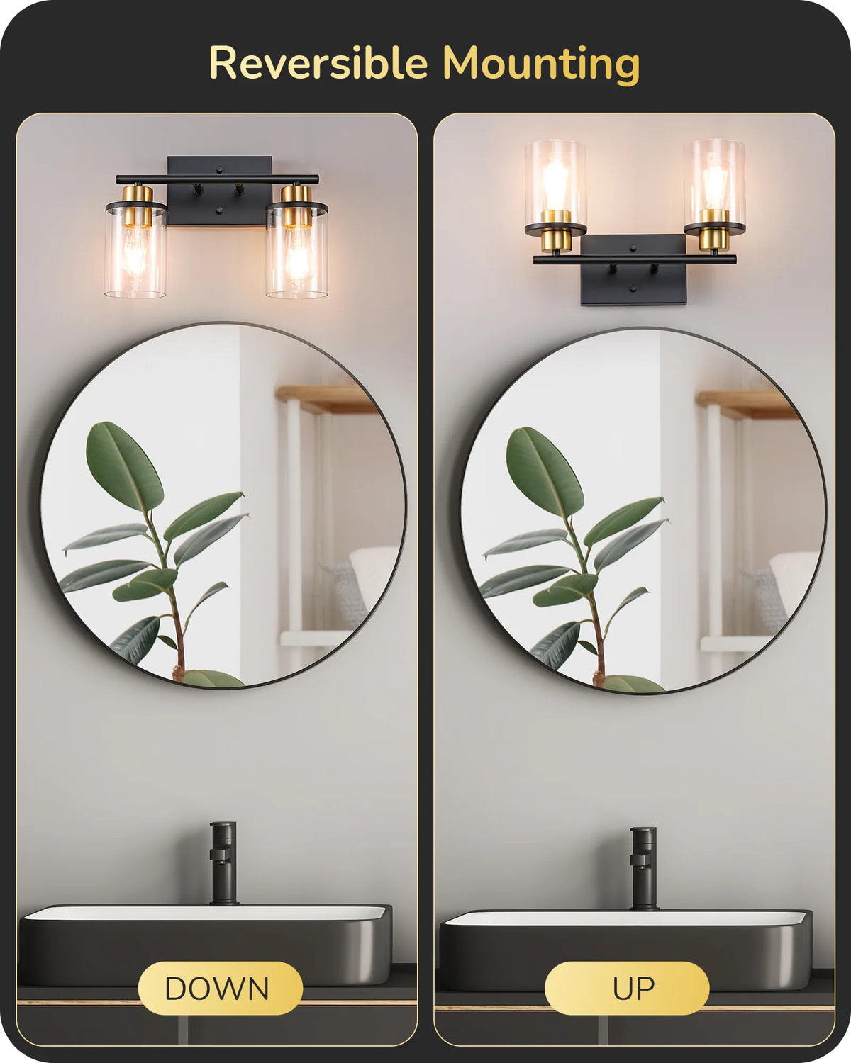 Modern 2-Light Black Bathroom Vanity Lights over Mirror for Bathroom, Vanity Table, E26 Bulb Base