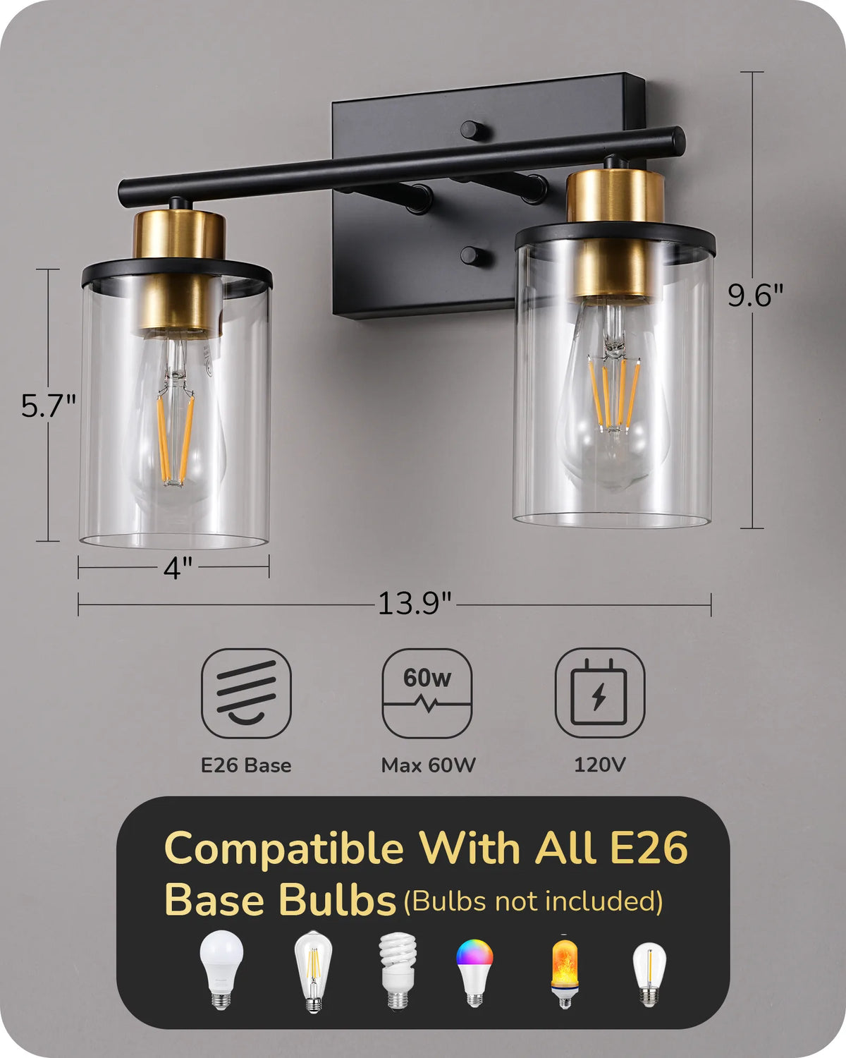 Modern 2-Light Black Bathroom Vanity Lights over Mirror for Bathroom, Vanity Table, E26 Bulb Base