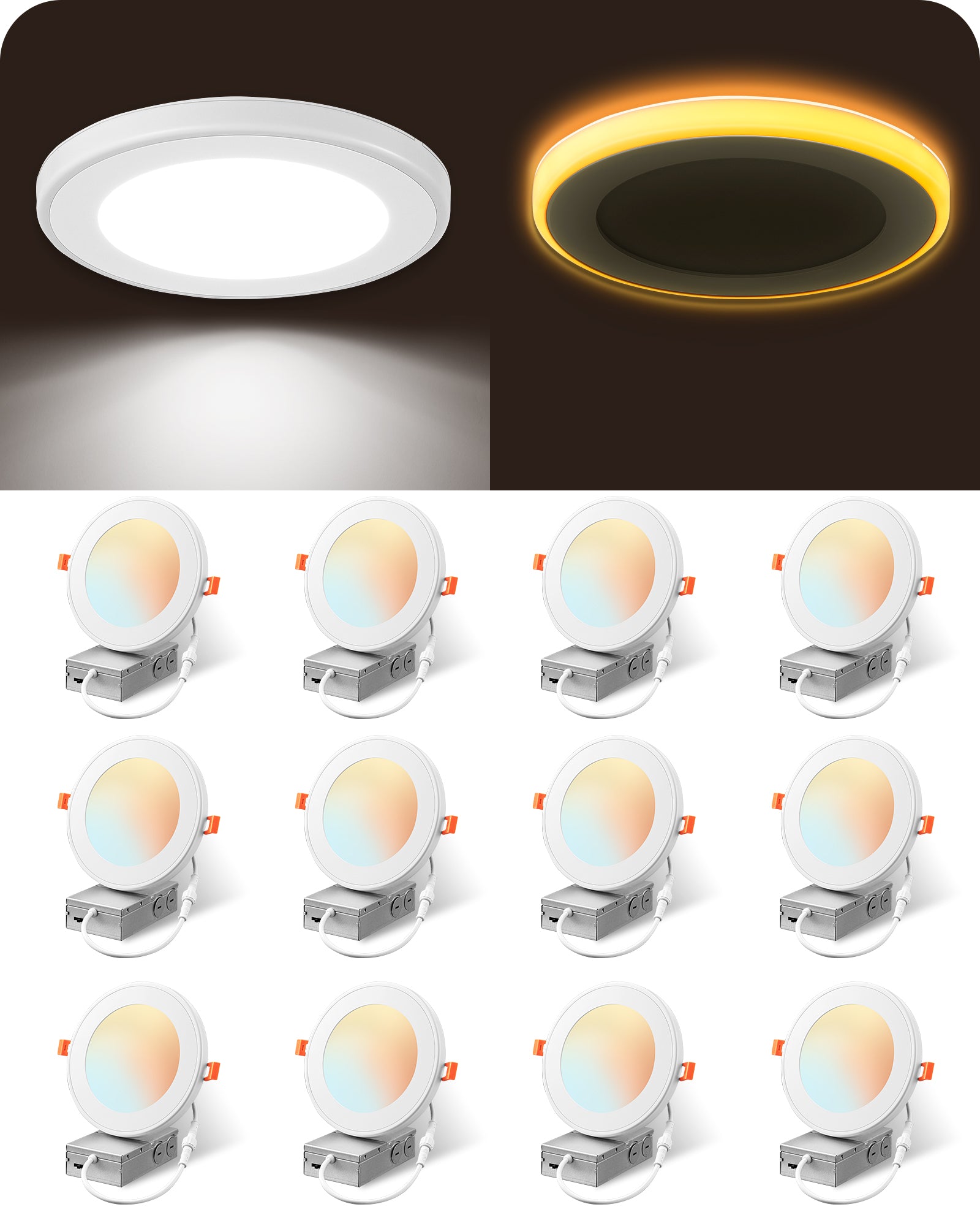 EDISHINE 12 Pack 6 Inch Recessed Lighting with Night Light, 5CCT Dimmable LED Recessed Lighting, 13W 1100LM CRI 90+, Canless Light Fixtures for Kitchen, Living Room - HJRL06B1