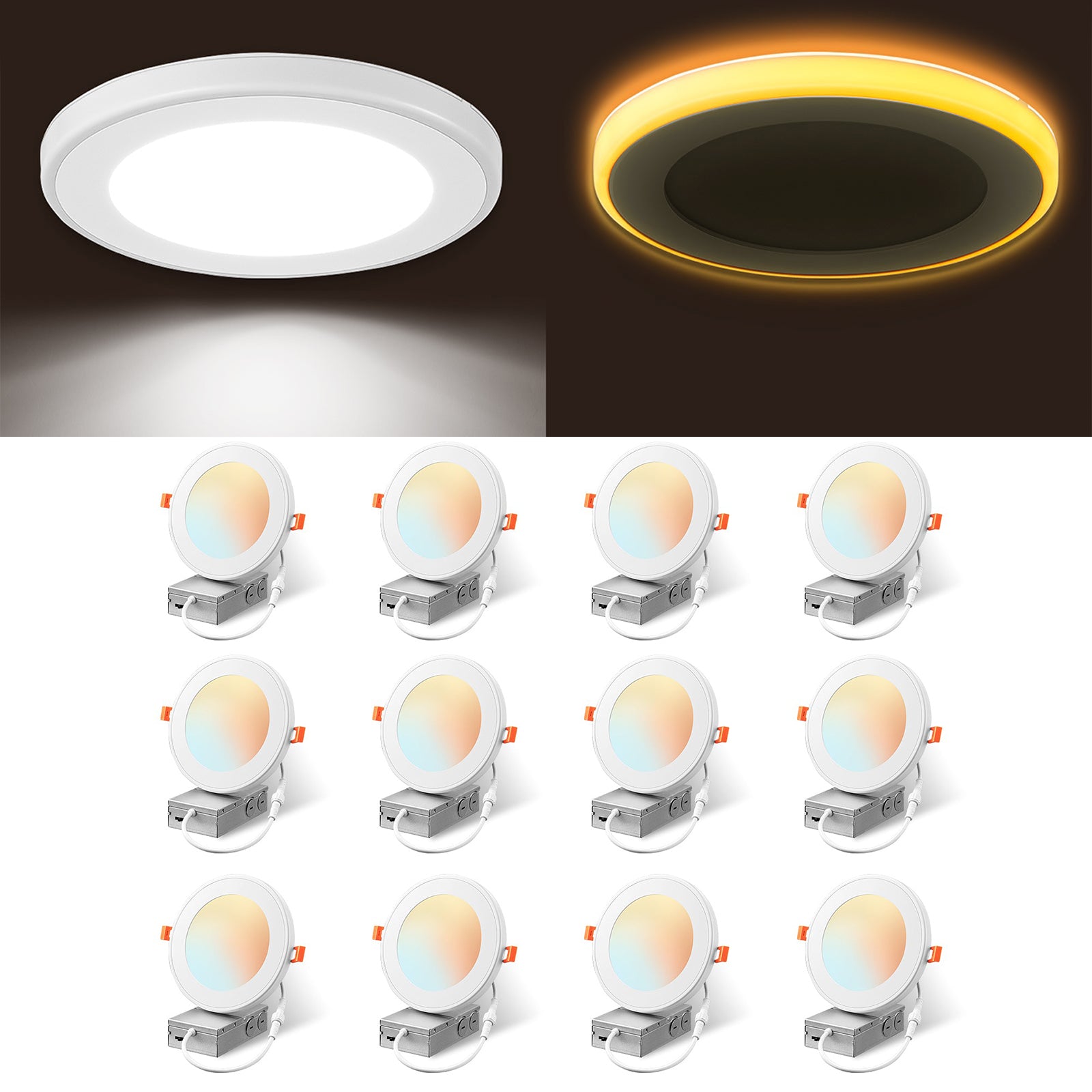 EDISHINE 12 Pack 6 Inch Recessed Lighting with Night Light, 5CCT Dimmable LED Recessed Lighting, 13W 1100LM CRI 90+, Canless Light Fixtures for Kitchen, Living Room - HJRL06B1