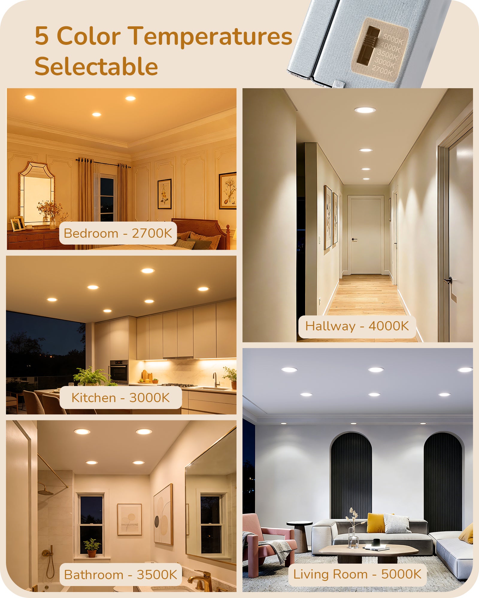 EDISHINE 12 Pack 6 Inch Recessed Lighting with Night Light, 5CCT Dimmable LED Recessed Lighting, 13W 1100LM CRI 90+, Canless Light Fixtures for Kitchen, Living Room - HJRL06B1