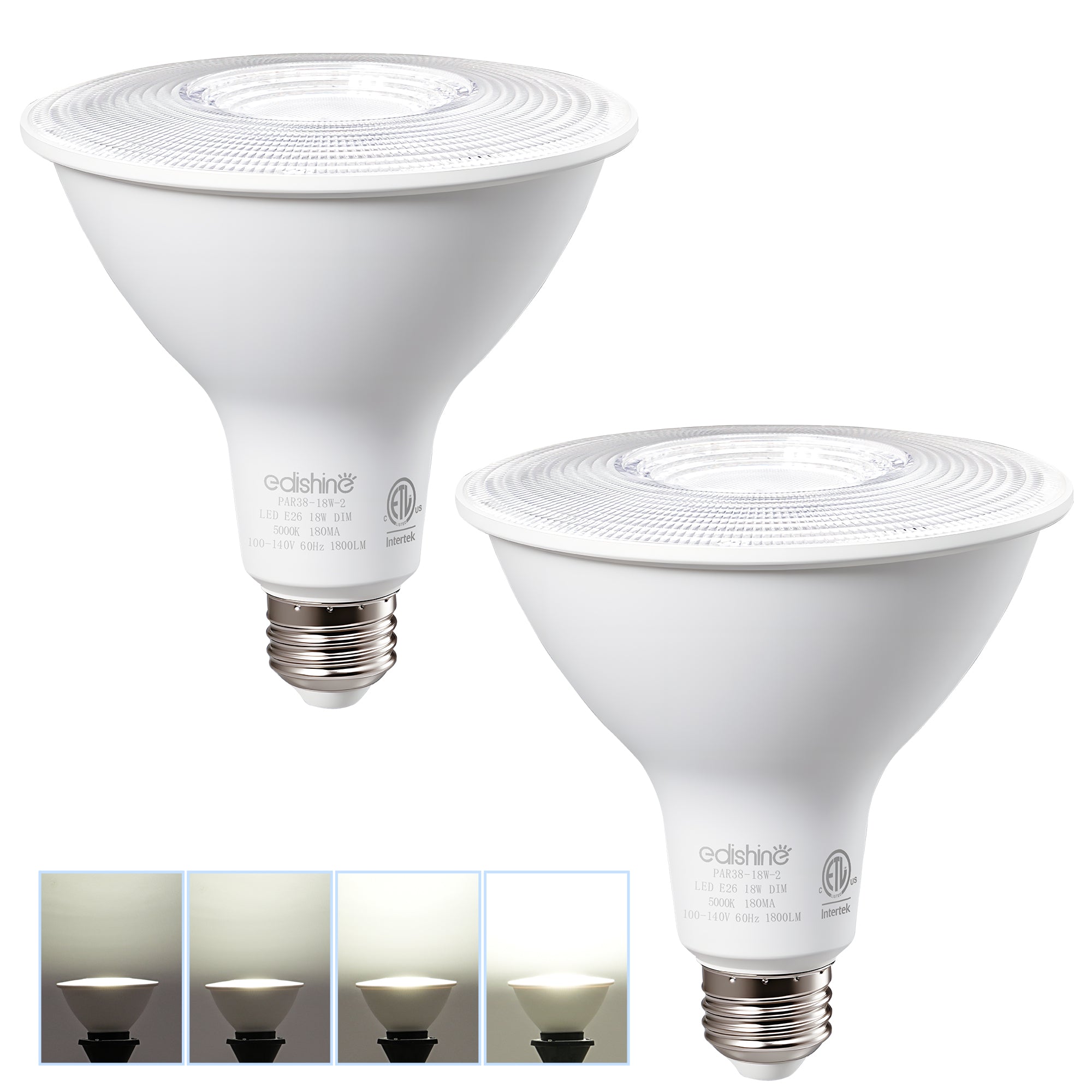 EDISHINE 4 Pack LED PAR38 Outdoor Flood Light Bulbs, 18W (120W Equivalent), 5000K Daylight, Dimmable Waterproof Flood Light Bulbs, E26 Base, 1800 Lumen for Yard Porch Driveway, ETL Listed - HLBP38N -  HLBP38M