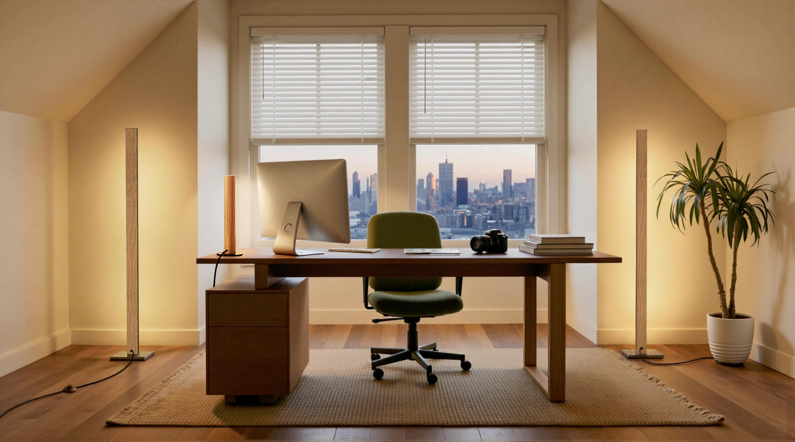 Modern home office with a desk, chair, computer monitor, and cityscape view.