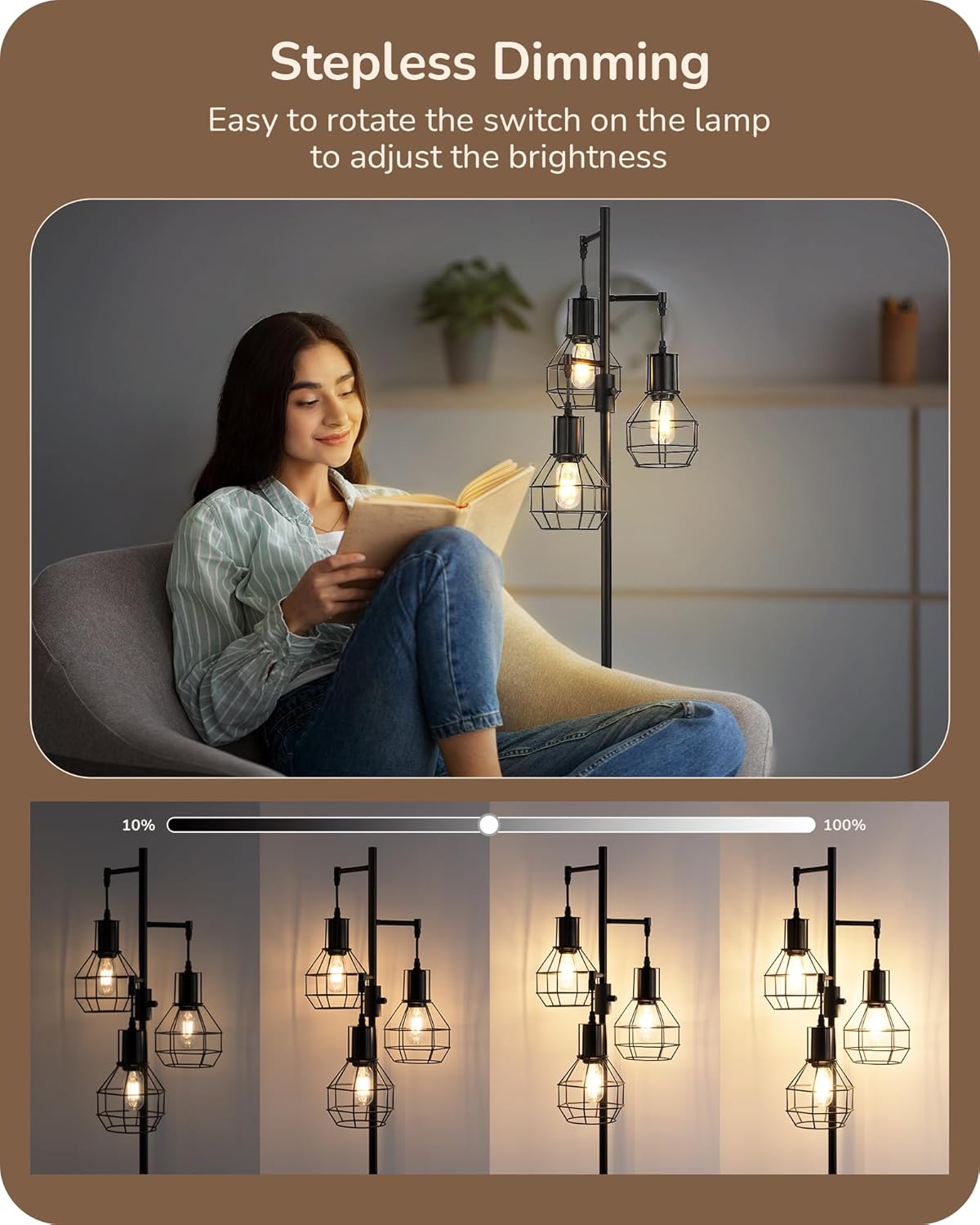 EDISHINE Dimmable Farmhouse Industrial Tree Floor Lamp with Diamond-Shaped Bulb Cages