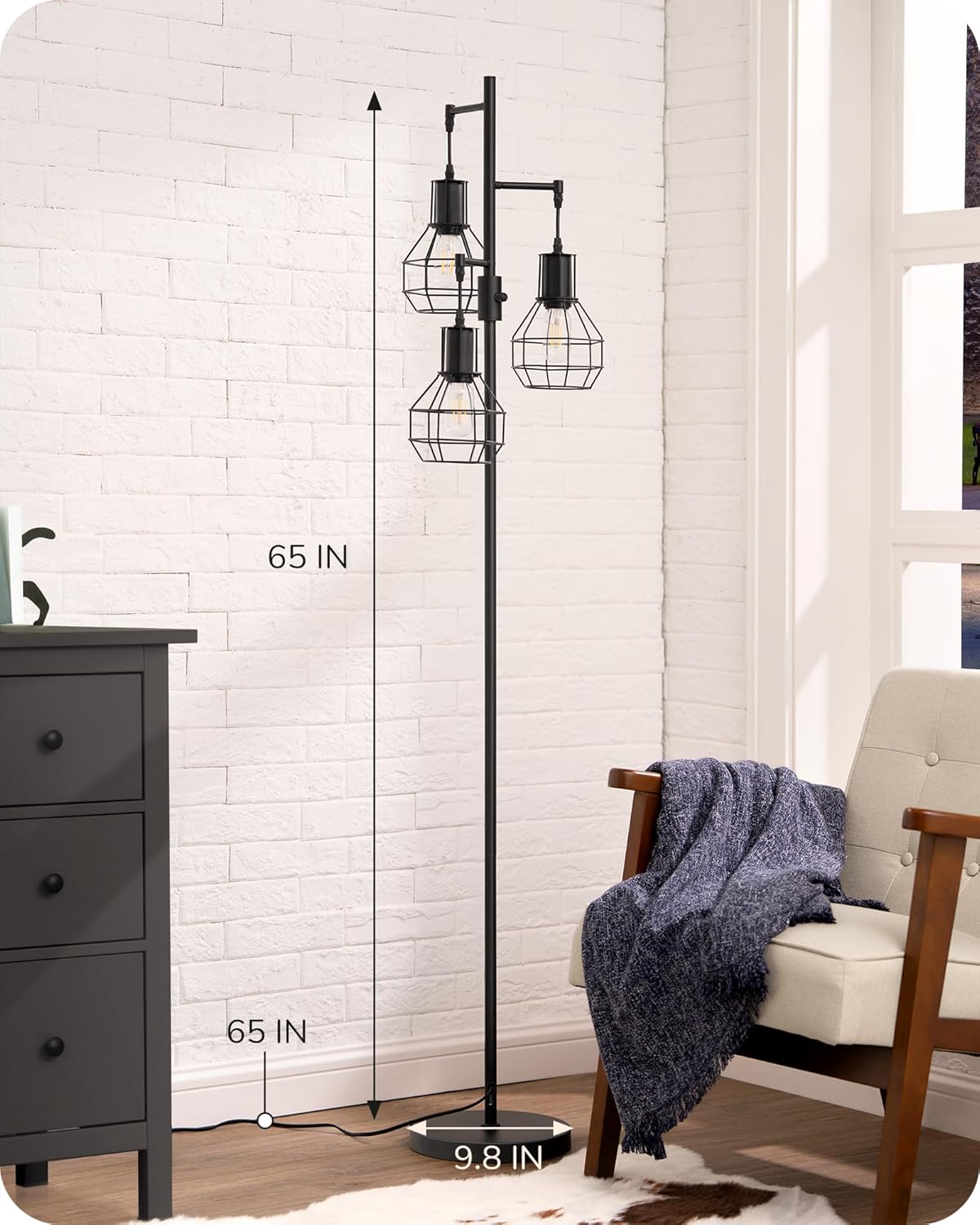 EDISHINE Dimmable Farmhouse Industrial Tree Floor Lamp with Diamond-Shaped Bulb Cages