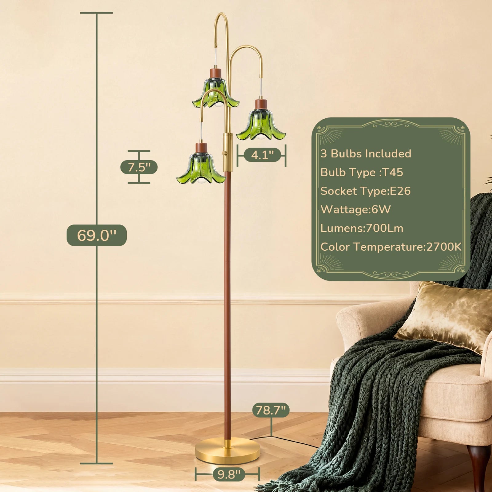 Vintage Tree Floor Lamp With Glass Floral Shade (69'' )