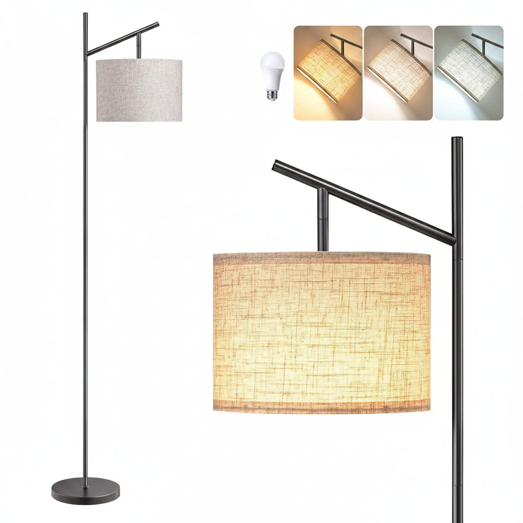 EDISHINE | Minimalist Modern Arc Floor Lamp with Adjustable Linen Shade 