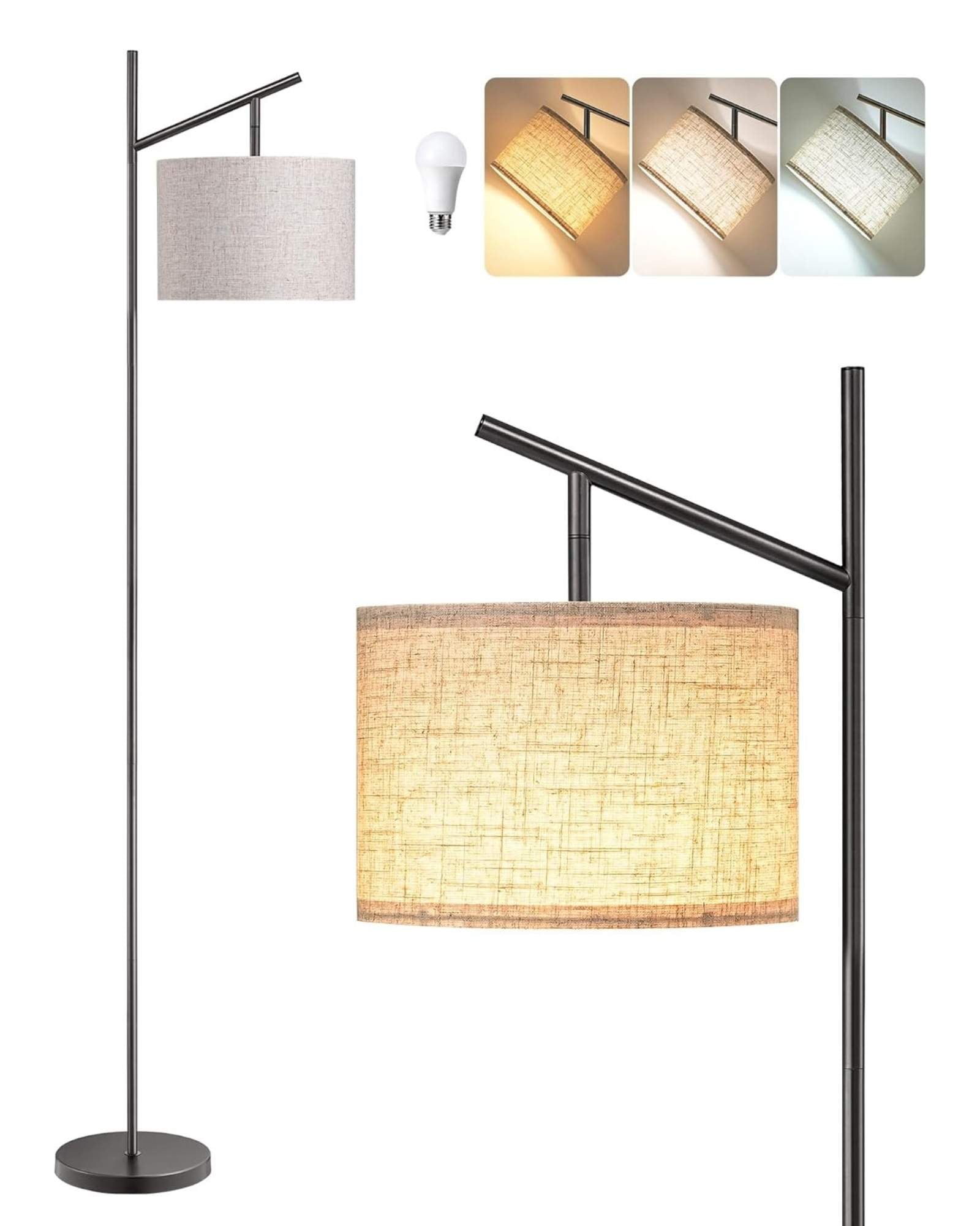 EDISHINE | Minimalist Modern Arc Floor Lamp with Adjustable Linen Shade 