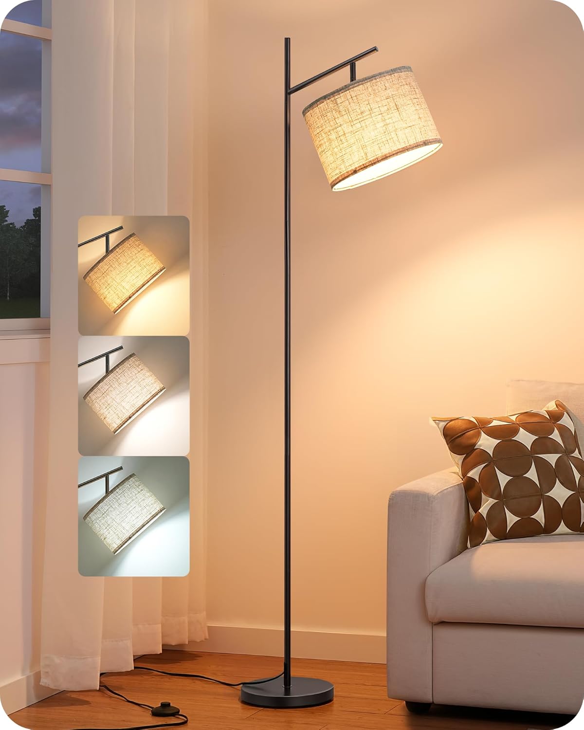 EDISHINE | Minimalist Modern Arc Floor Lamp with Adjustable Linen Shade 