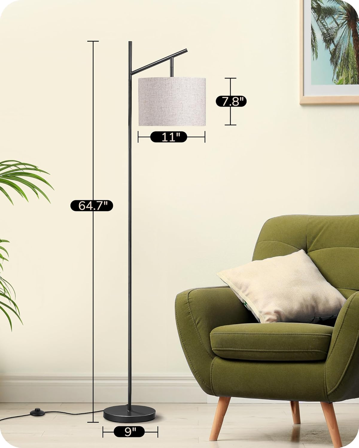 EDISHINE | Minimalist Modern Arc Floor Lamp with Adjustable Linen Shade 