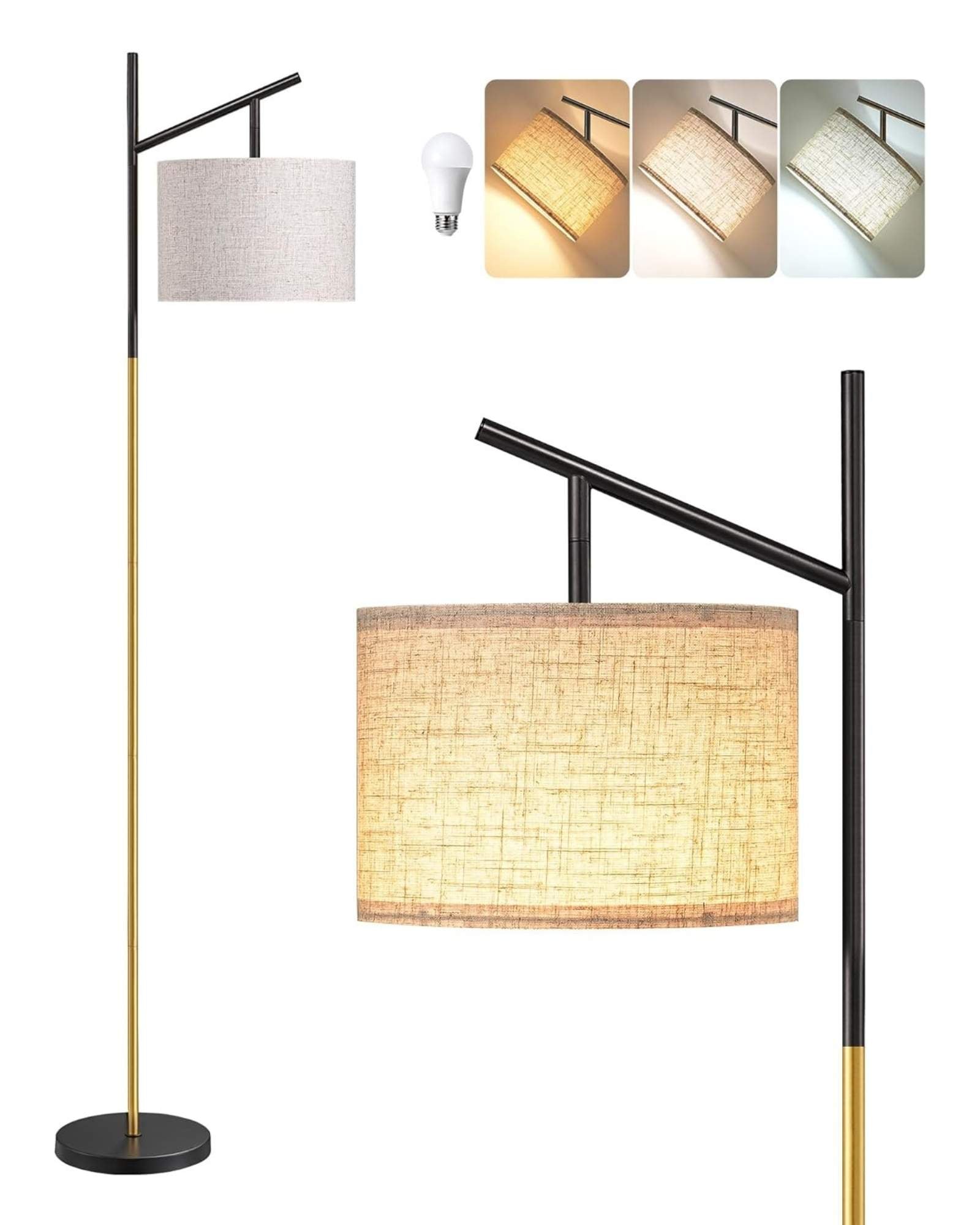 EDISHINE | Minimalist Modern Arc Floor Lamp with Adjustable Linen Shade 