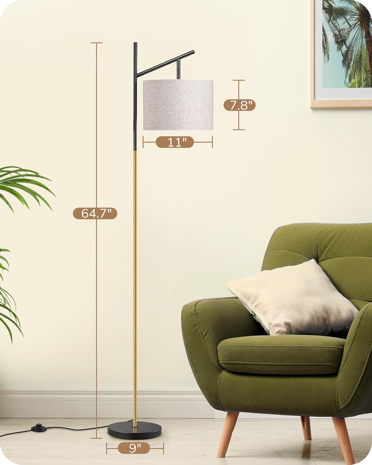 EDISHINE | Minimalist Modern Arc Floor Lamp with Adjustable Linen Shade 