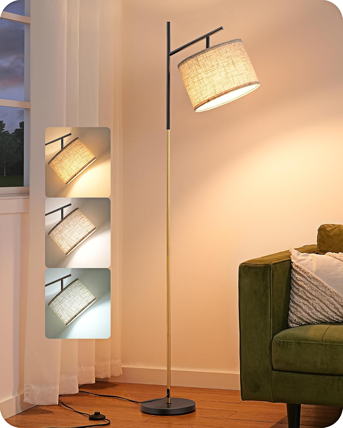 EDISHINE | Minimalist Modern Arc Floor Lamp with Adjustable Linen Shade 
