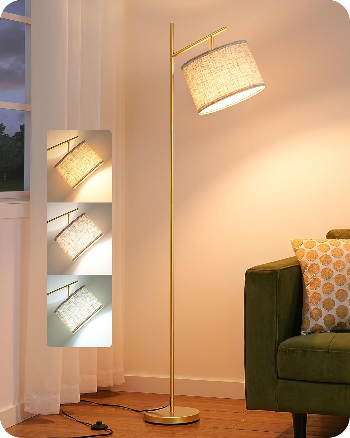 EDISHINE | Minimalist Modern Arc Floor Lamp with Adjustable Linen Shade 
