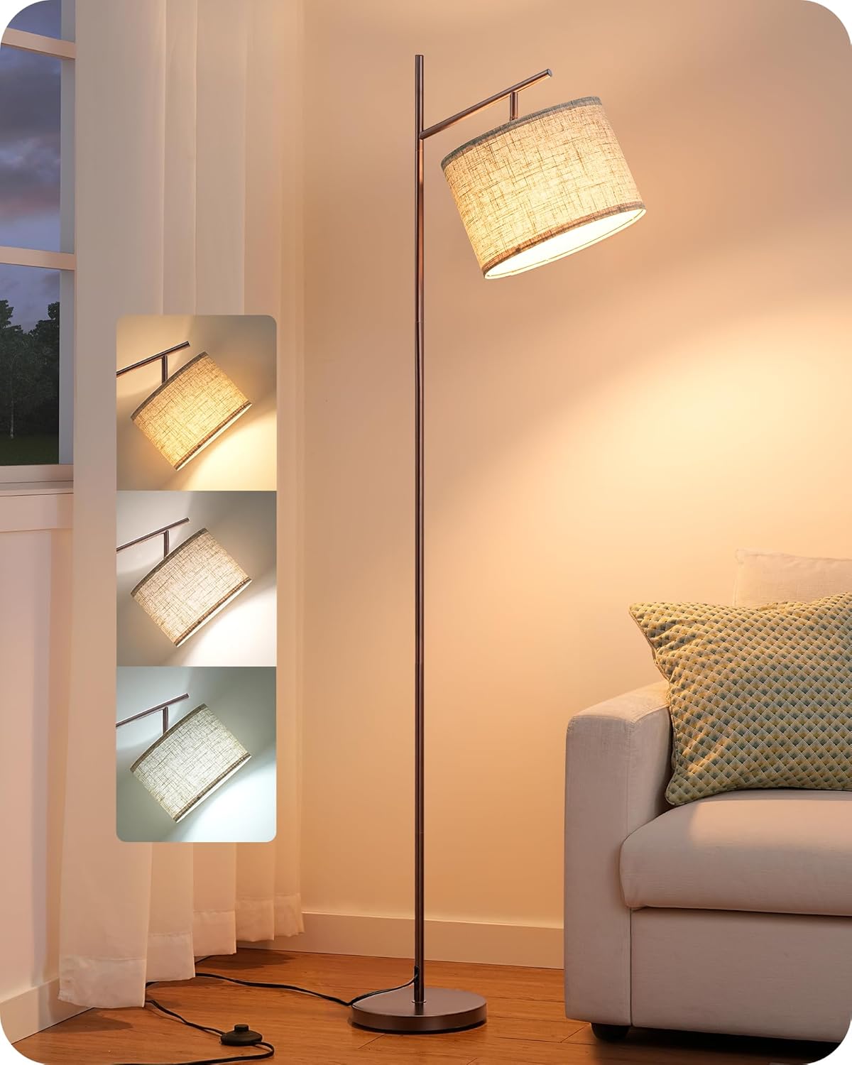 EDISHINE | Minimalist Modern Arc Floor Lamp with Adjustable Linen Shade 