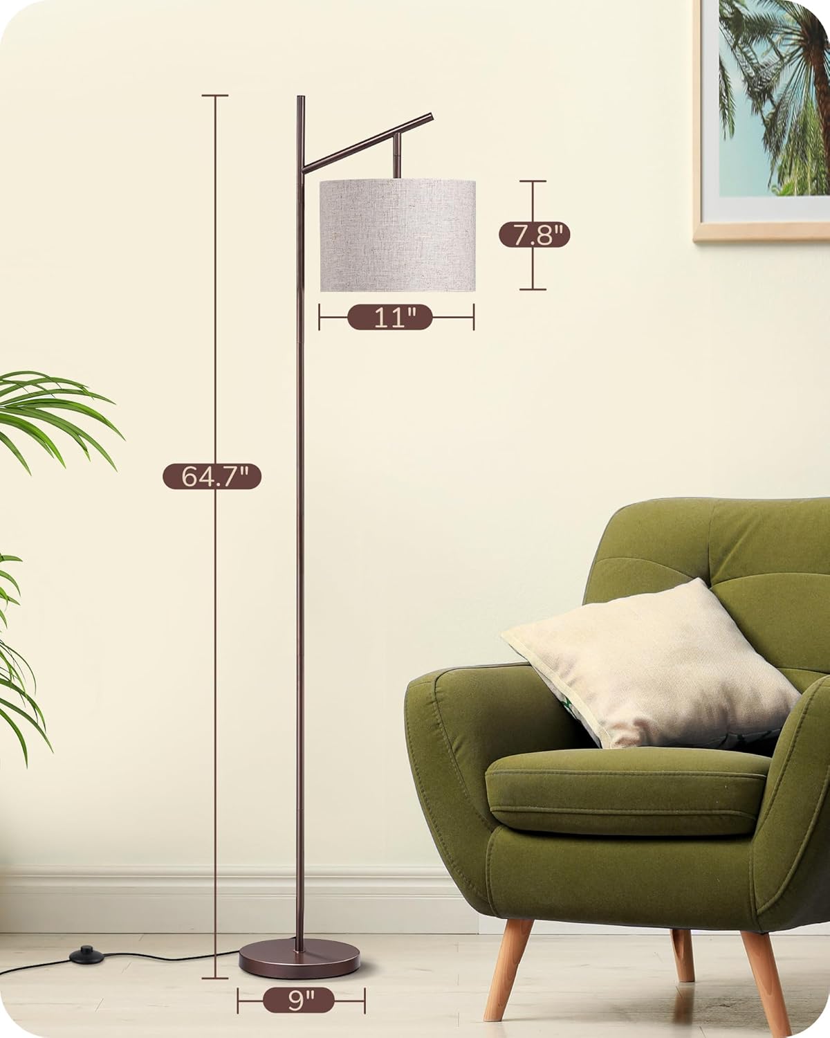 EDISHINE | Minimalist Modern Arc Floor Lamp with Adjustable Linen Shade 