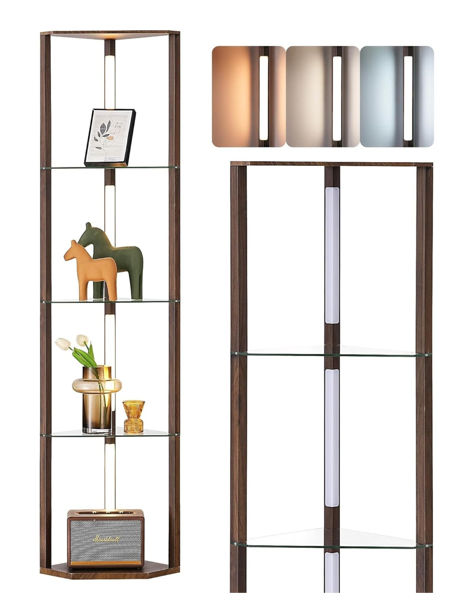 Modern Dimmable LED Corner Shelf Floor Lamp with Glass Shelves