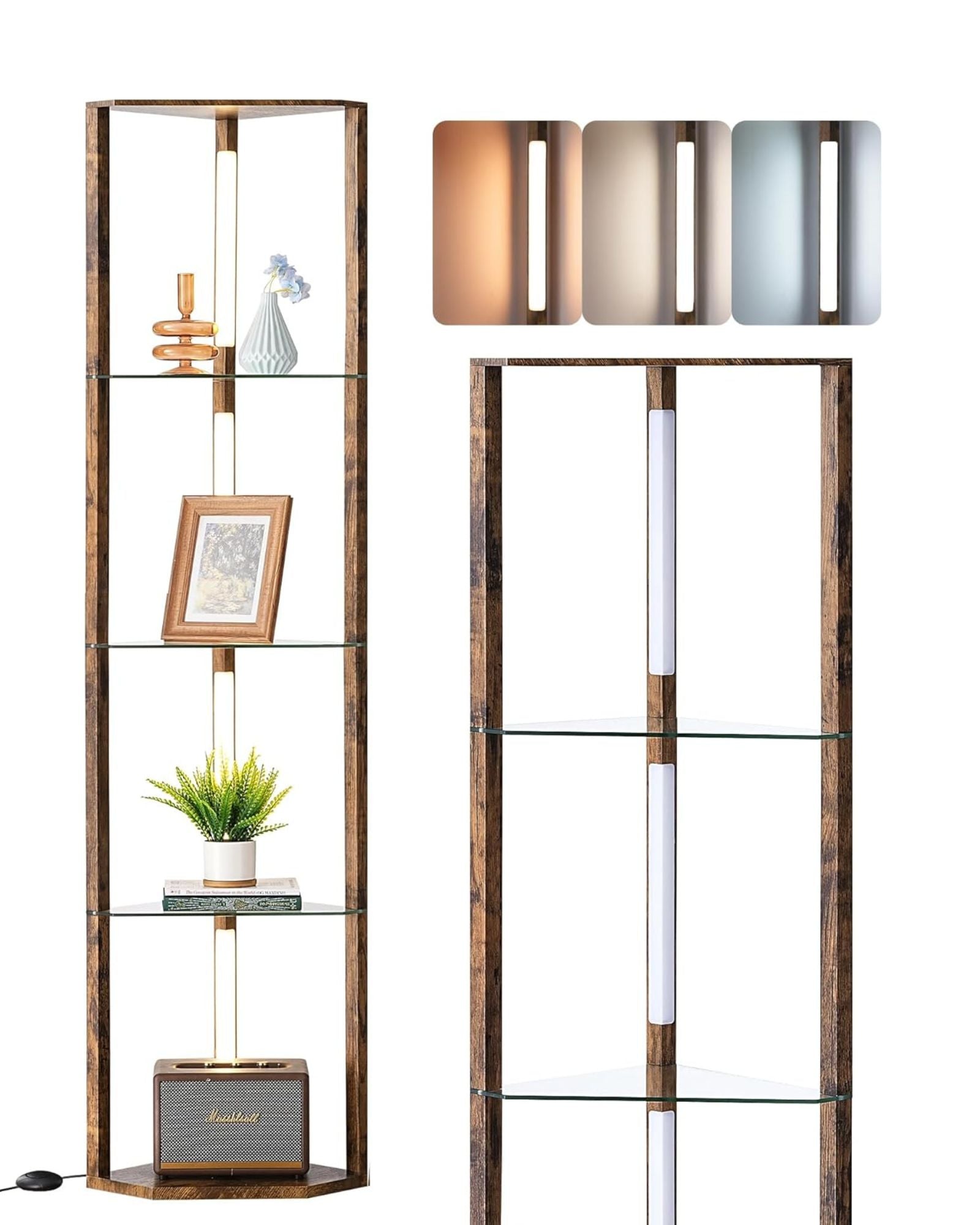 Modern Dimmable LED Corner Shelf Floor Lamp with Glass Shelves
