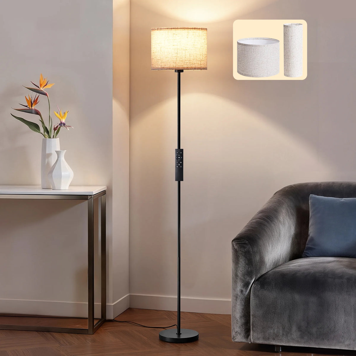 EDISHINE Dual Shades Floor Lamp with Foot Switch, Dimmable Floor Standing Lamp with 9W LED A19 Light Bulb, Remote Custom Color Temperature Pole for Living Room, Bedroom, Office, E26