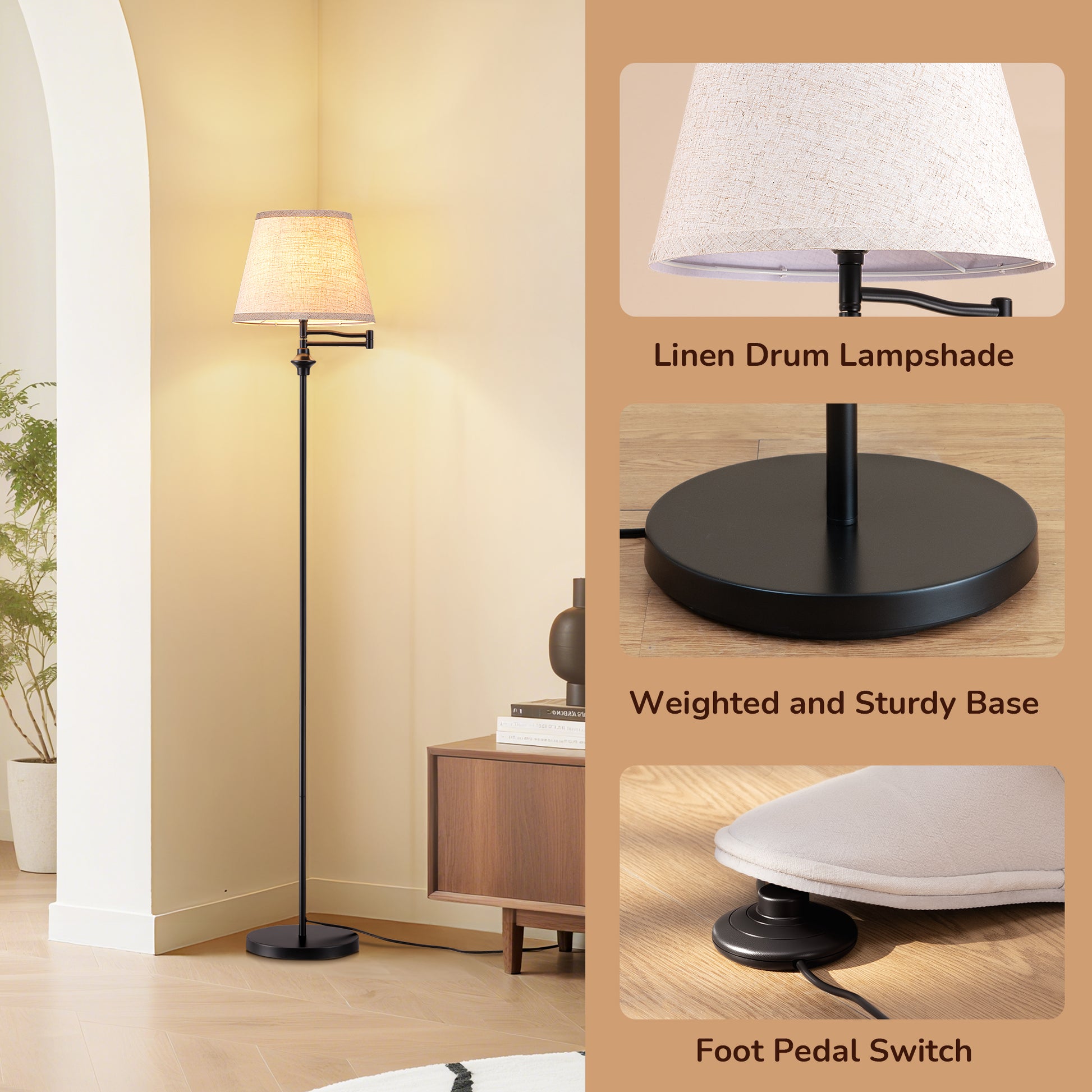 62" Tall Vintage Swing Arm Floor Lamp with 350° Adjustable Arm & Foot Switch