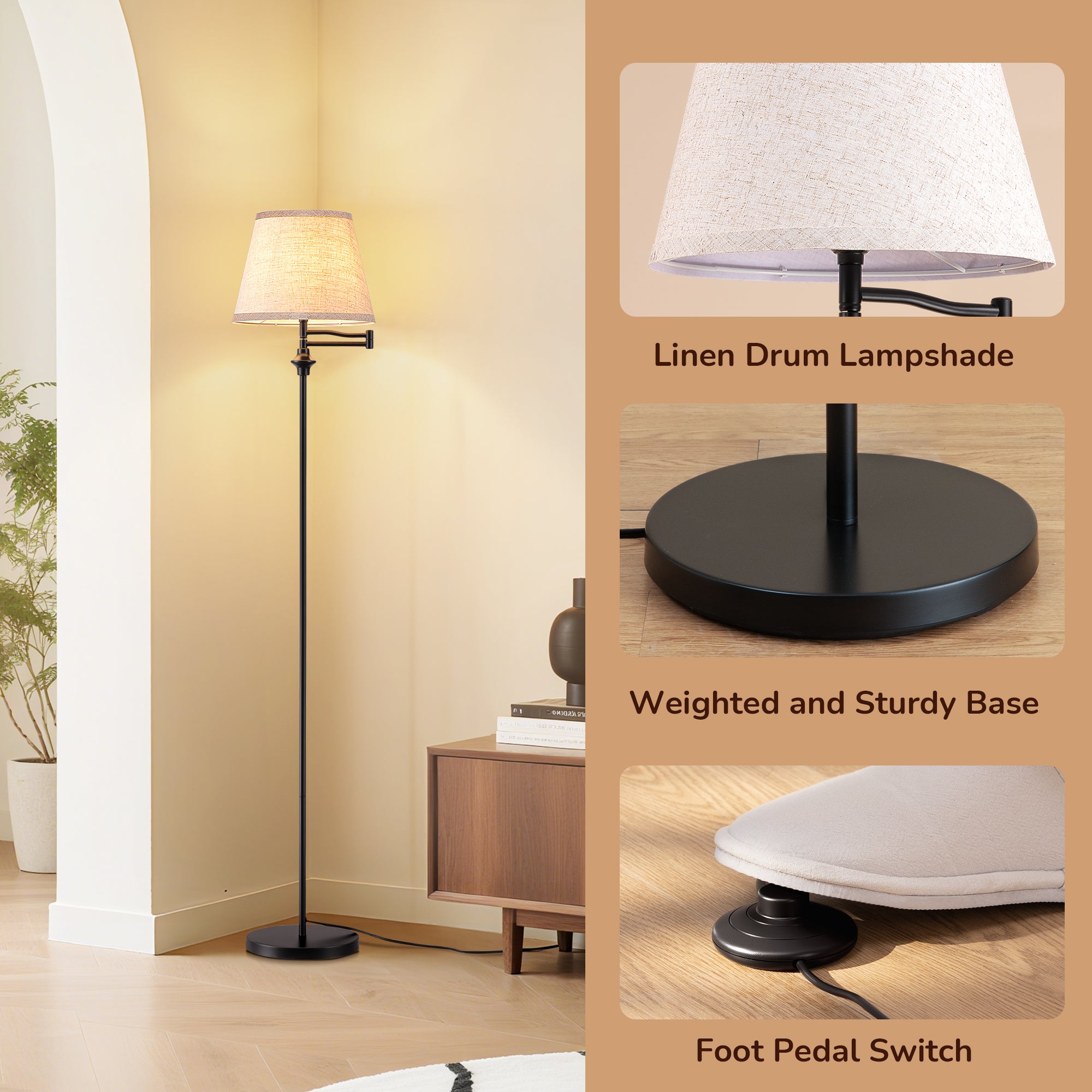 62" Tall Vintage Swing Arm Floor Lamp with 350° Adjustable Arm & Foot Switch