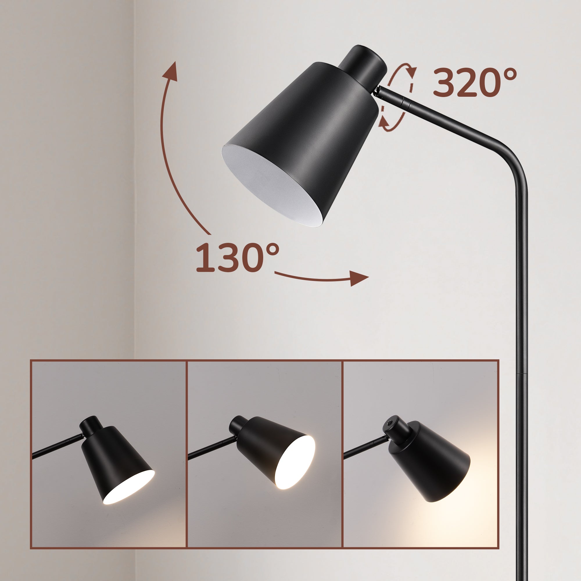 59" Tall Modern Minimalist Task Floor Lamp with Adjustable Shade (Black)