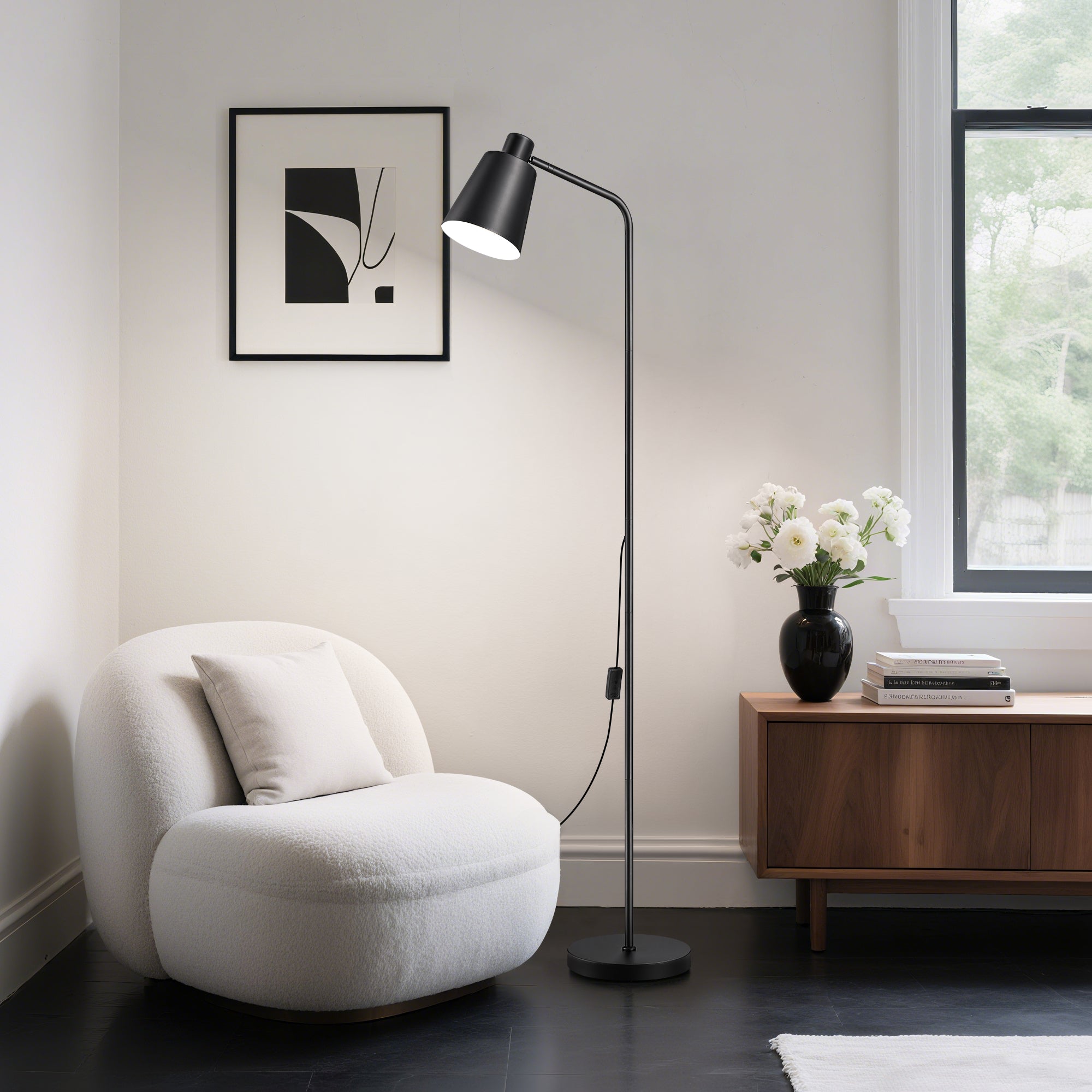 59" Tall Modern Minimalist Task Floor Lamp with Adjustable Shade (Black)