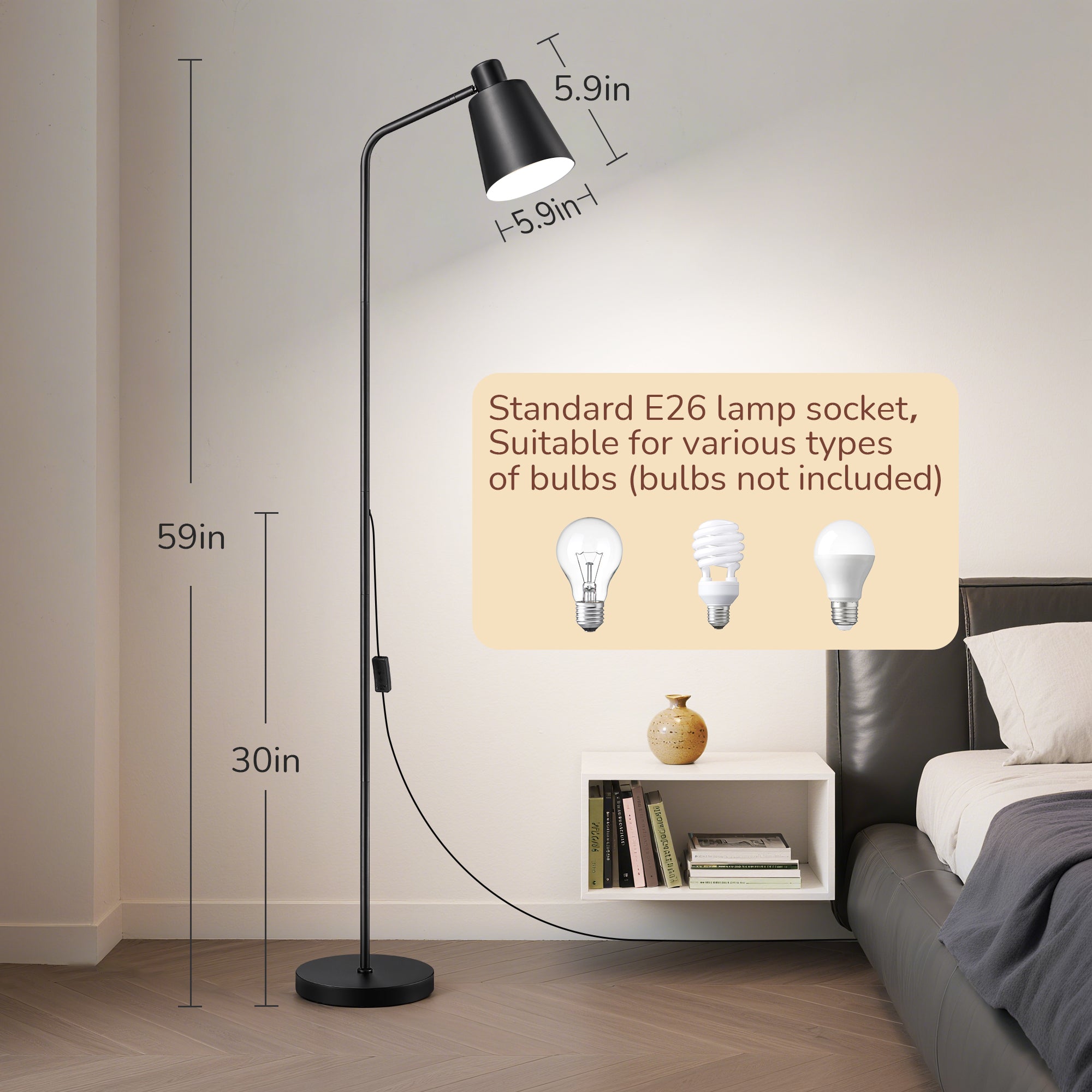 59" Tall Modern Minimalist Task Floor Lamp with Adjustable Shade (Black)