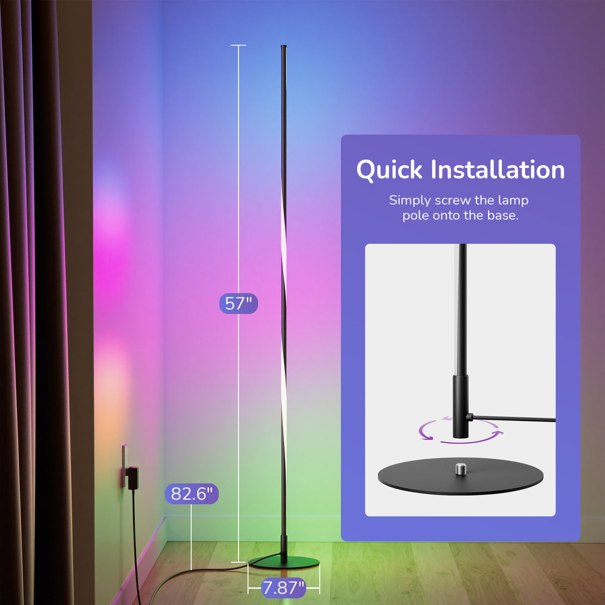 57" RGB LED Corner Floor Lamp — Dimmable Ambient Light with Remote & Foot Switch