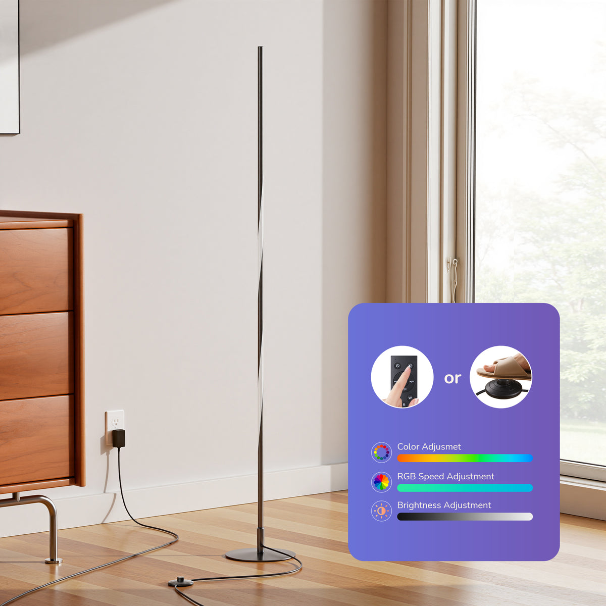 57" RGB LED Corner Floor Lamp — Dimmable Ambient Light with Remote & Foot Switch