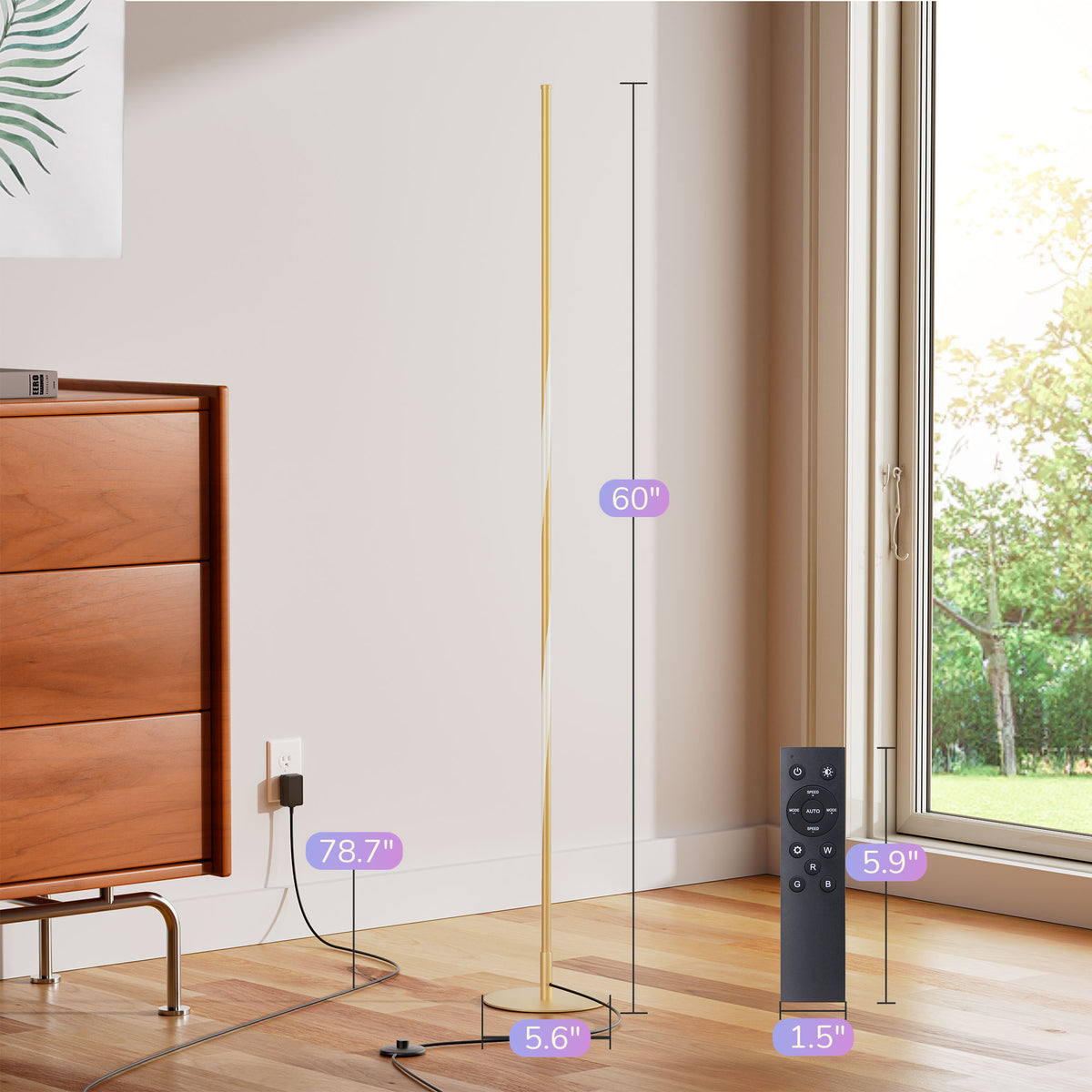 57" Gold Spiral Twist RGB LED Floor Lamp with Remote Control