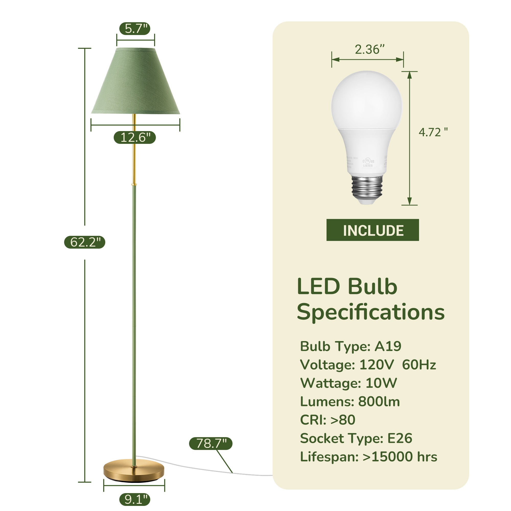 62" Tall Retro Traditional Floor Lamp with Linen Shade