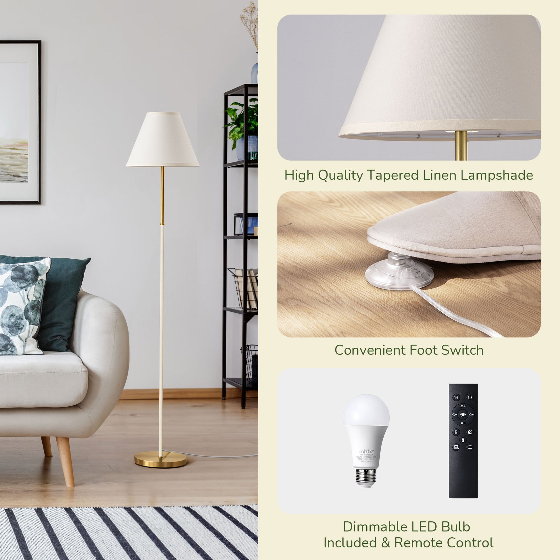 EDISHINE 62" Tall Retro Traditional Floor Lamp with Linen Shade