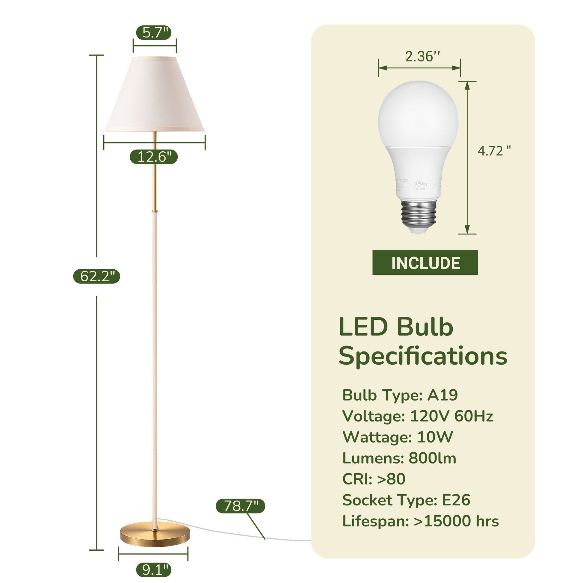 EDISHINE 62" Tall Retro Traditional Floor Lamp with Linen Shade