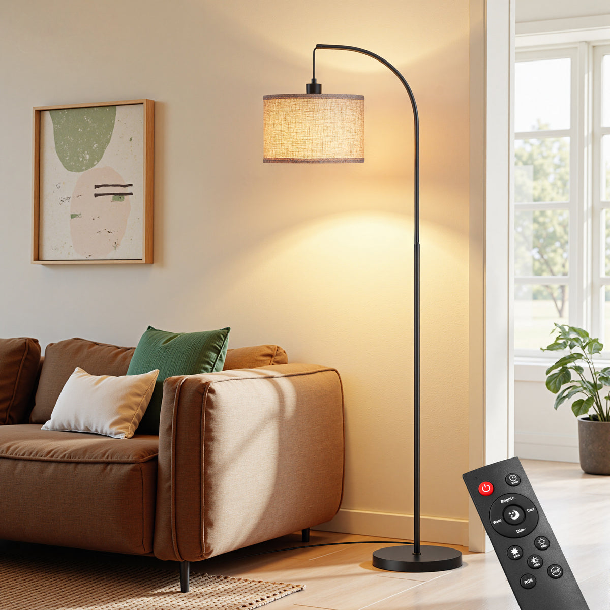 64" Arched RGB Floor Lamp with Hanging Cord in Black