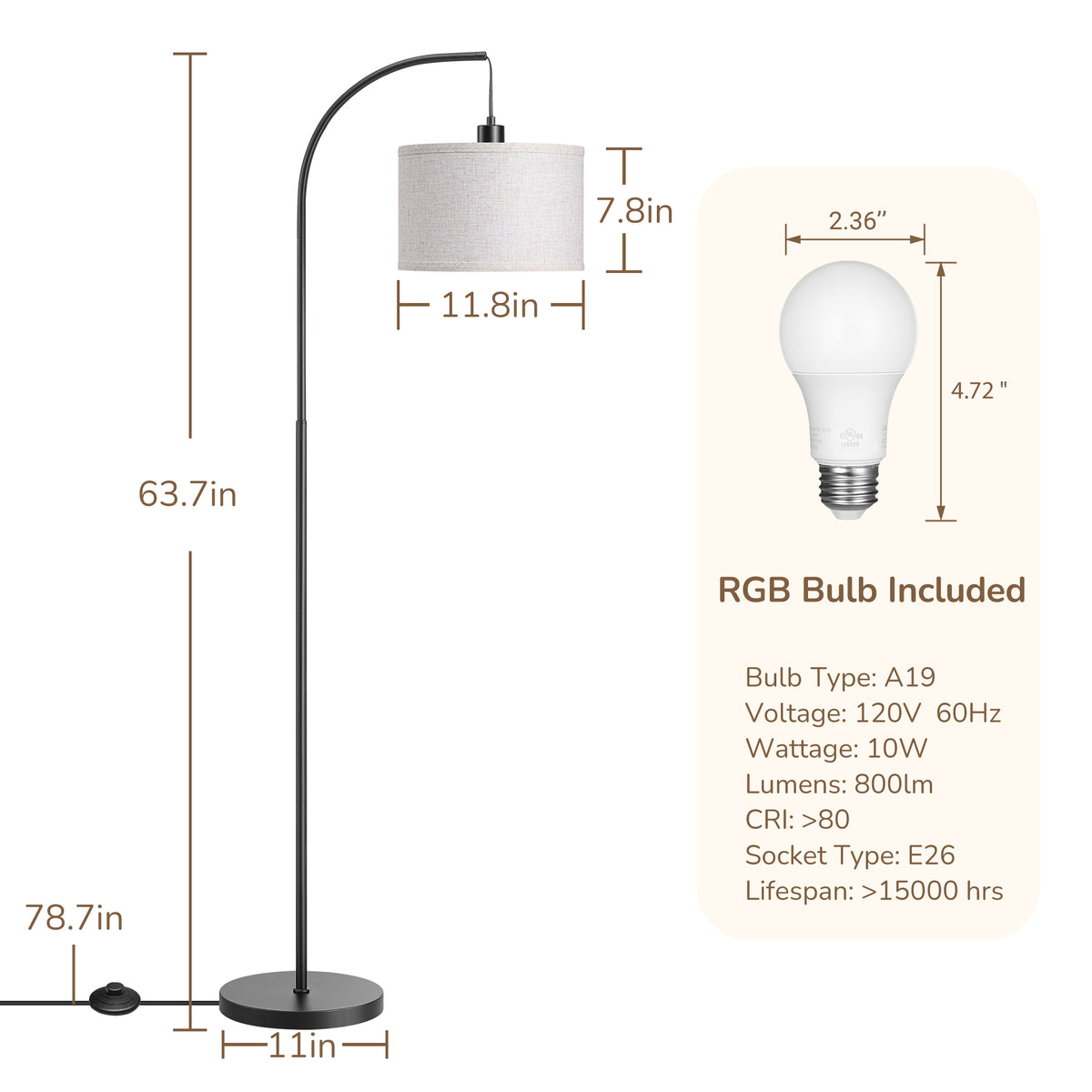 64" Arched RGB Floor Lamp with Hanging Cord in Black