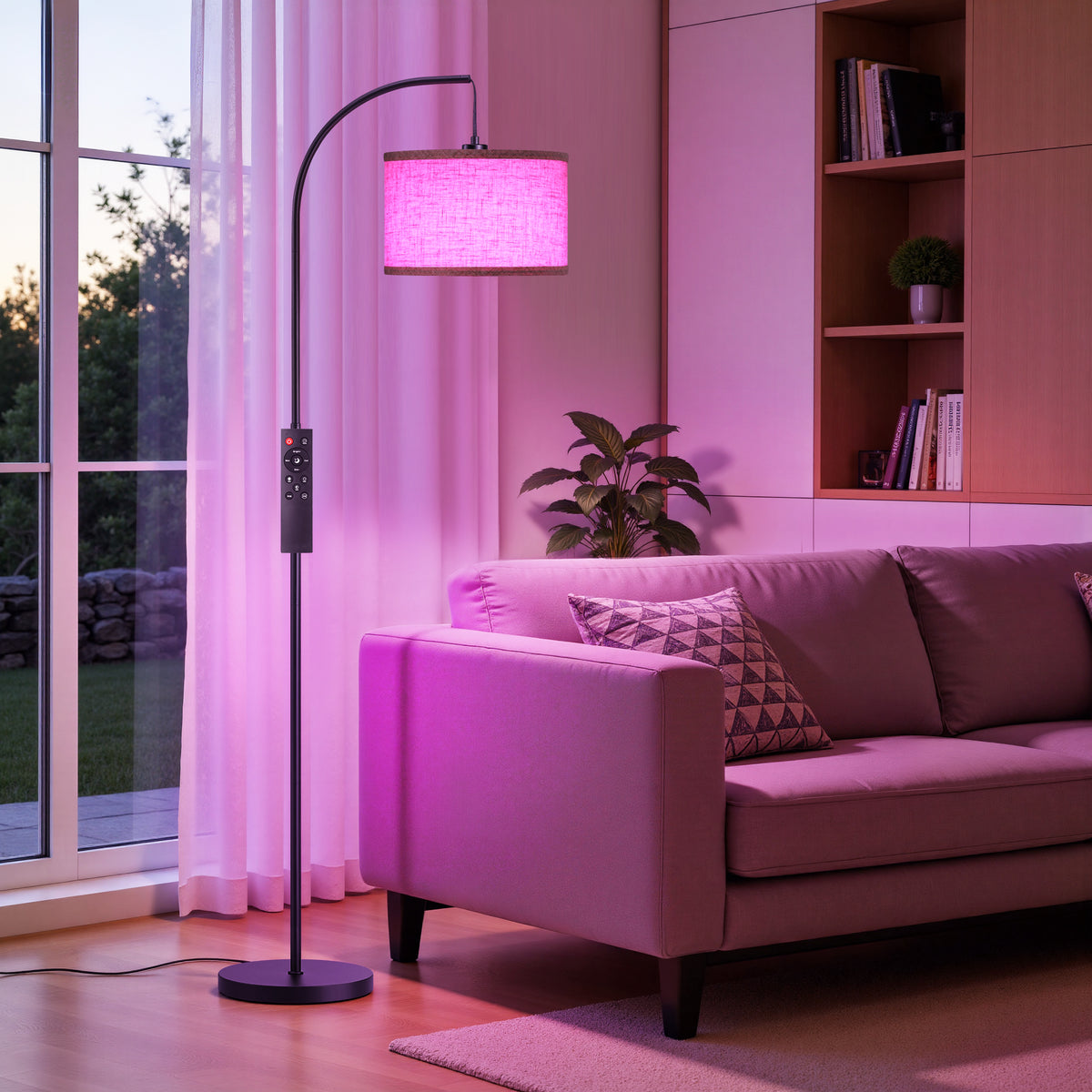 64" Arched RGB Floor Lamp with Hanging Cord in Black