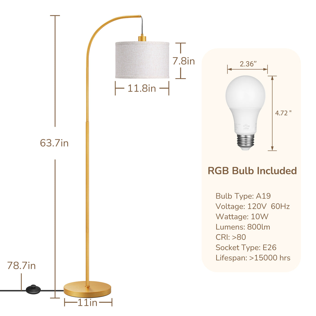 64" Arched RGB Floor Lamp with Hanging Cord in Brass Gold