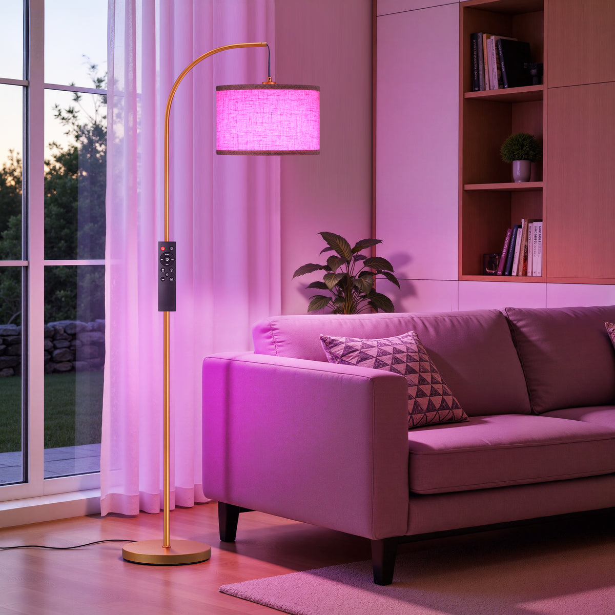 64" Arched RGB Floor Lamp with Hanging Cord in Brass Gold