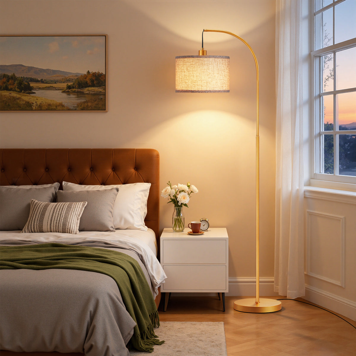 64" Arched RGB Floor Lamp with Hanging Cord in Brass Gold