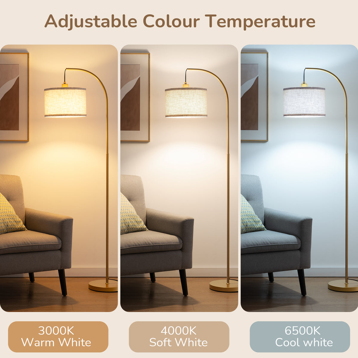 64" Arched RGB Floor Lamp with Hanging Cord in Brass Gold