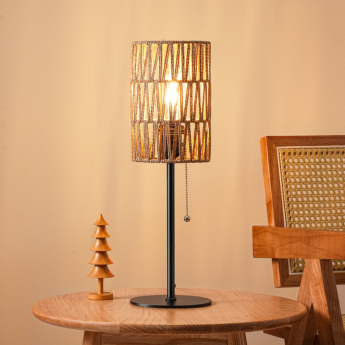 19" Tall Boho Rattan Table Lamp with Handwoven Shade & Pull-Chain Switch