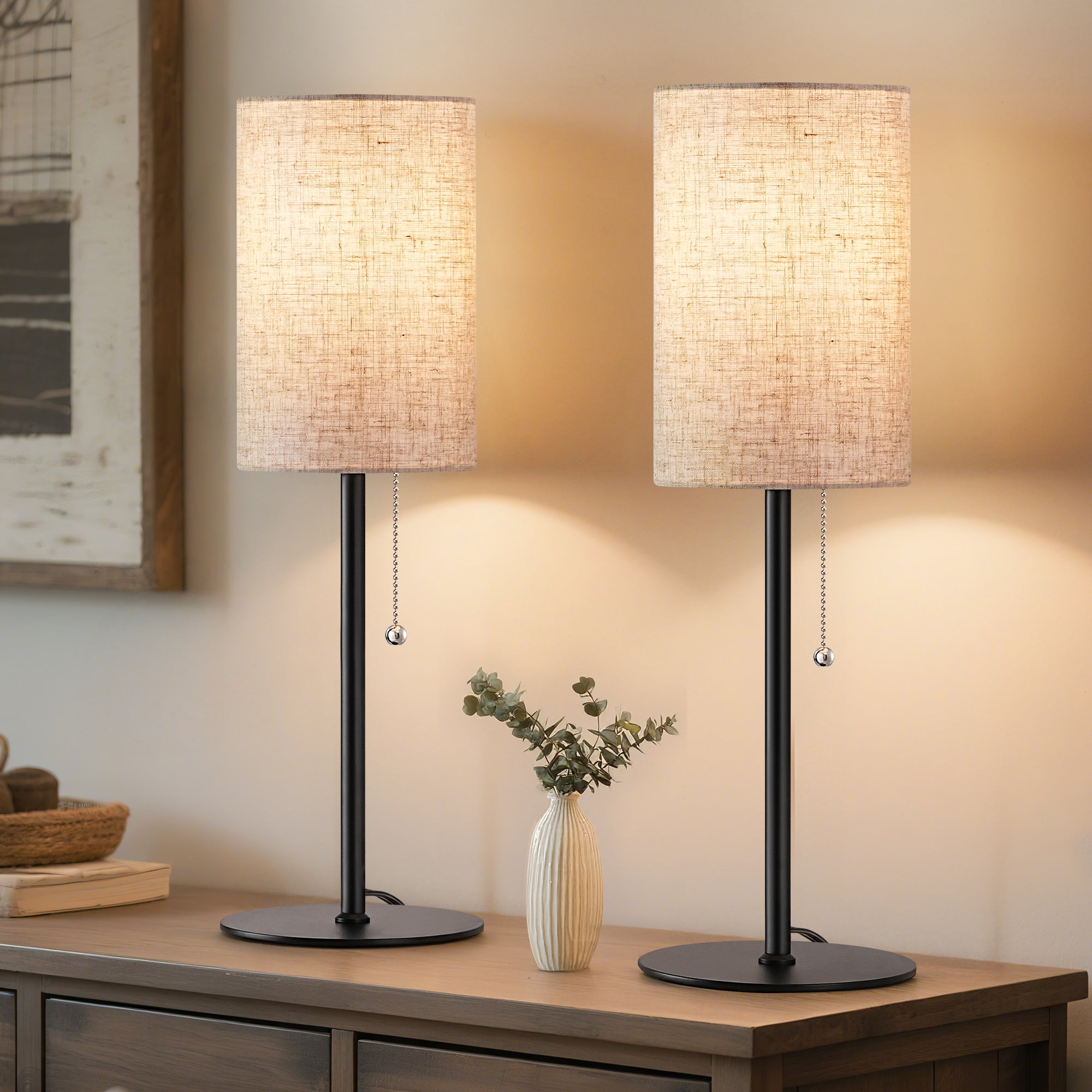 EDISHINE | Modern Minimalist Linen Table Lamps with Pull-Chain Switch 