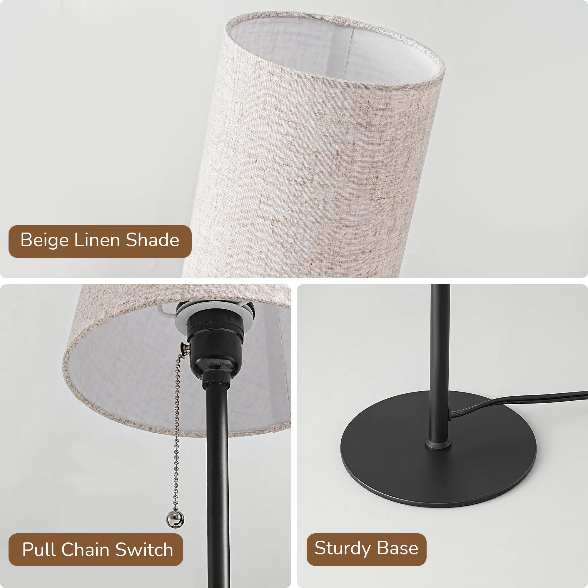 EDISHINE | Modern Minimalist Linen Table Lamps with Pull-Chain Switch 